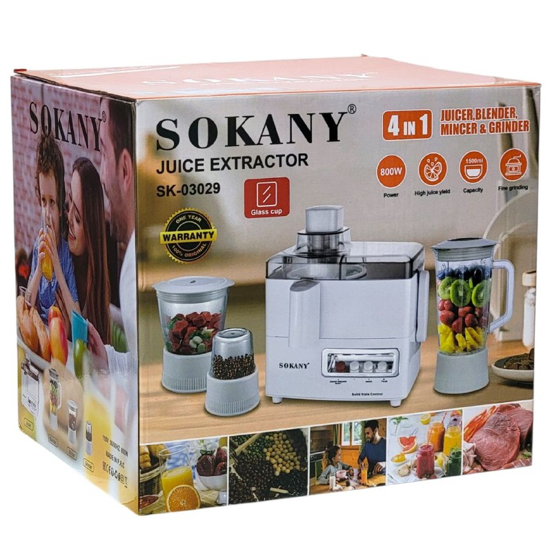 MAQUINA EXTRACTOR DE JUGO 4 EN 1, SK-03029, SOBRECARGA AUTOMATICA, MOTOR DE ALTA POTENCIA 800W, INTERRUPTOR SEGURO SOKANY