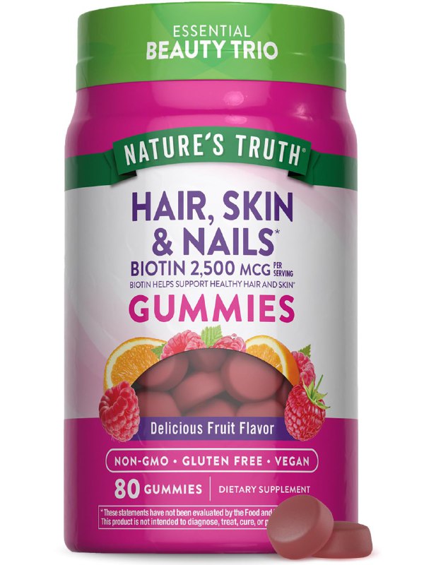 VITAMINAS EN GOMITAS PARA EL CABELLO, PIEL Y UÑAS BIOTINA 2.500MCG SABOR A FRUTAS NATURE S TRUCH 80UND