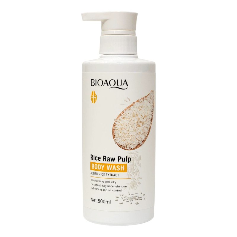 GEL DE DUCHA DE PULPA CRUDA DE ARROZ CON ESPUMA RICA Y DENSA QUE LIMPIA PROFUNDAMENTE LA SUCIEDAD Y GRASA DE LA PIEL, DEJA LA PIEL SEDOSA, SUAVE Y BRILLANTE BIOAQUA 500ML