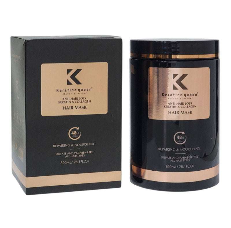 MASCARA PARA EL CABELLO ANTICAIDA CON KERATINA Y COLAGENO, UTILIZA ACEITE DE COLAGNO ORGANICO QUE REPARA PROFUNDA Y EFICAZMENTE EL CABELLO DAÑADO, DANDO BRILLO Y SUAVIDAD KERATINE QUEEN 750ML