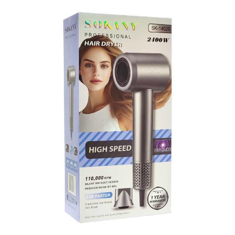 SECADOR DE CABELLO PROFESIONAL DE 2400W DE POTENCIA, ALTA VELOCIDAD Y SILENCIOSA SOKANY SK-14020