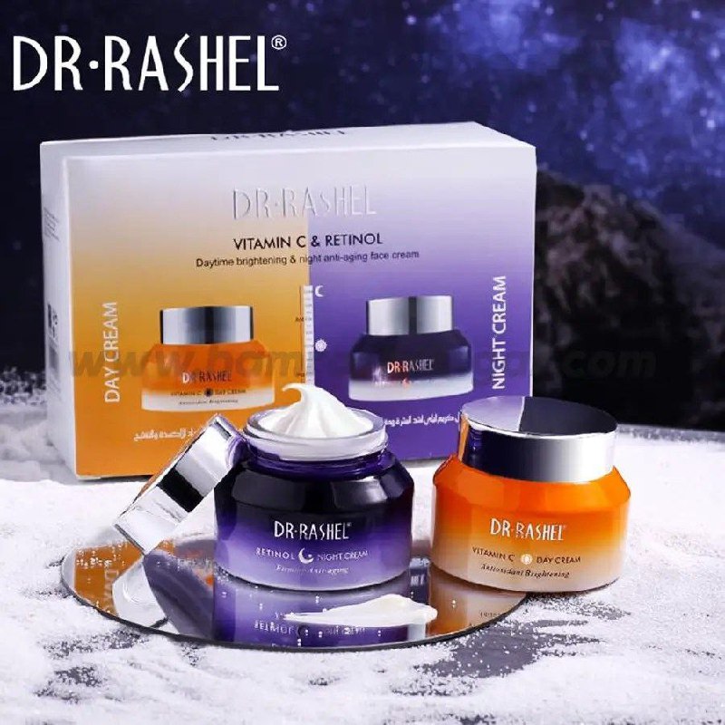 CREMA FACIAL EN SET DE VITAMINA C Y RETINOL HIDRATANTE Y REJUVENECEDOR 50GX2, FORMULA DUAL ACCION QUE ILUMINA Y REVITALIZA LA CARA EN EL DIA Y LA NOCHE DEJANDO LA PIEL SUAVE DR RASHEL