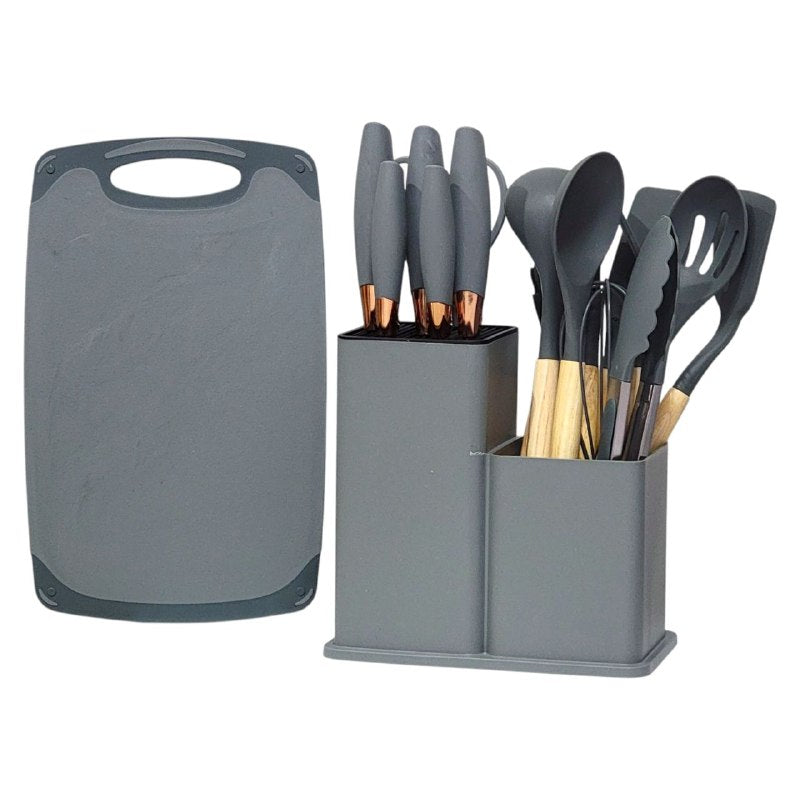 JUEGO DE CUCHILLOS DE COCINA, UTENSILIOS DE COCINA, CUCHARAS DE 18 PIEZAS, DE SILICONA CON SOPORTE DE PLASTICO, AGARRE COMODO, LIGUERO Y PRACTICO, AFILADO Y DURADERO 3 COLORES KITCHENWARE