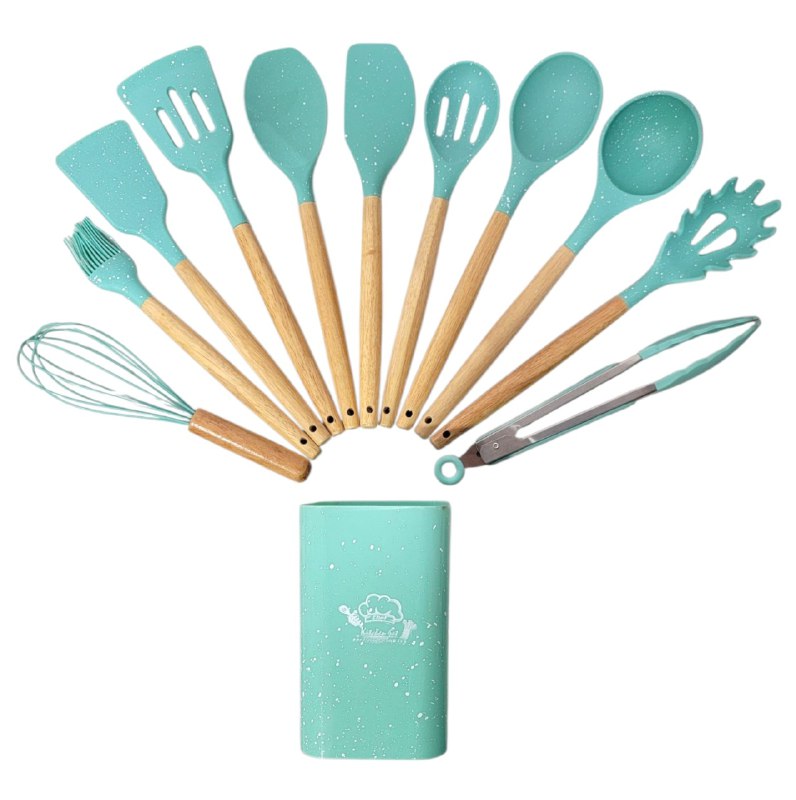 JUEGO DE UTENSILIOS DE COCINA DE SILICONA CON SOPORTE PLASTICO DE 12 PIEZAS, DISEÑADO PARA SOPORTAR TEMPERATURAS DE 30 A 130 GRADOS, SILICONA FLEXIBLE Y SUAVE, 5 COLORES KITCHEN & DINNING