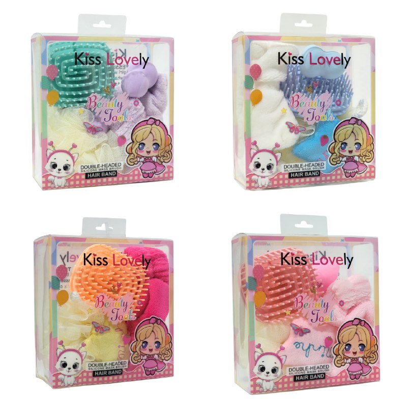 KIT DE CUIDADO FACIAL, BANDA PARA EL PELO, ESPONJA, CEPILLO MESAJE CAPILAR, ESPONJA DE MAQUILLAJE KISS LOVELY, 4 ESTILOS