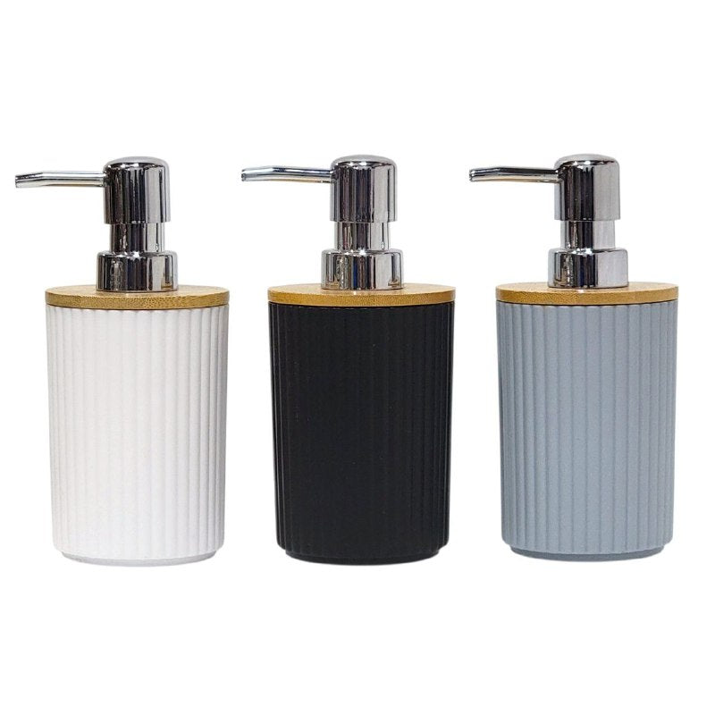 DISPENSADOR DE JABON LIQUIDO DE PLASTICO Y MADERA DE BAMBU 3 COLORES