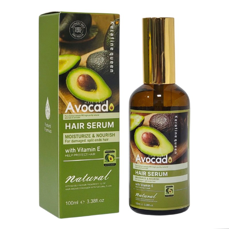 ACEITE PARA EL CABELLO, SUERO CAPILAR HIDRATANTE DE AGUACATE, COLAGENO Y VITAMINA E 100ML, NUTRE PROFUNDAMENTE Y REPARA EL PELO DAÑADO DEJANDOLO SUAVE, FUERTE Y CON BRILLO KERATINE QUEEN