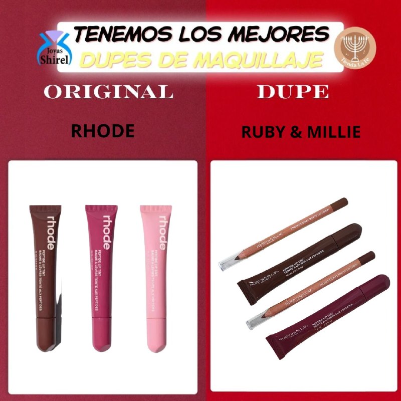 BRILLO LABIAL TINTA EN SET DE 4 PIEZAS DUPE DE RHODE,TINTA Y DELINEADORES DE LABIOS CON ACABADO MATTE RUBY & MILLIE 10MLX2, 1GX2