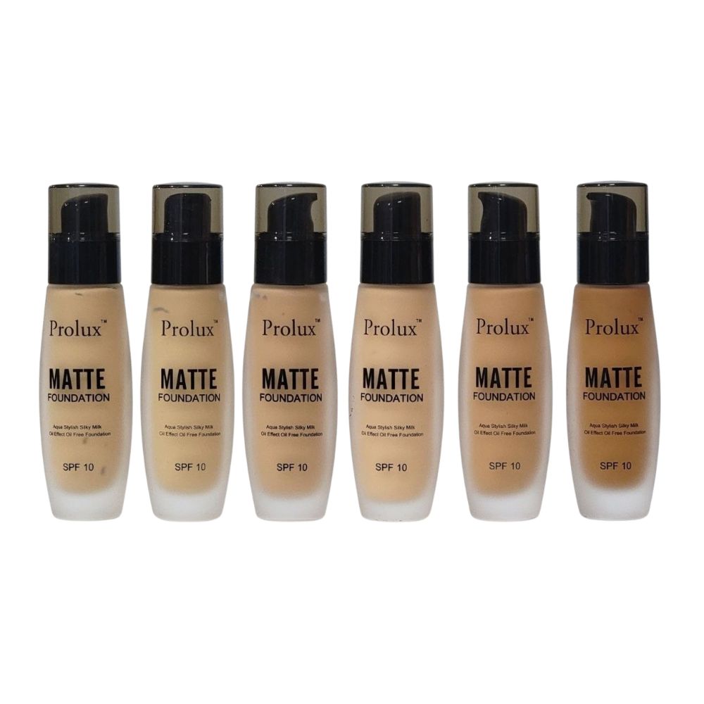 BASE DE MAQUILLAJE LIQUIDA ACABADO MATE CON SPF 10 Y VITAMINA E 6 TONOS PROLUX 30ML