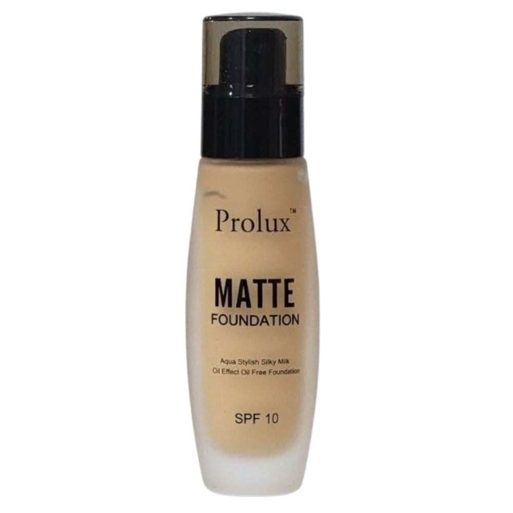 BASE DE MAQUILLAJE LIQUIDA ACABADO MATE CON SPF 10 Y VITAMINA E 6 TONOS PROLUX 30ML