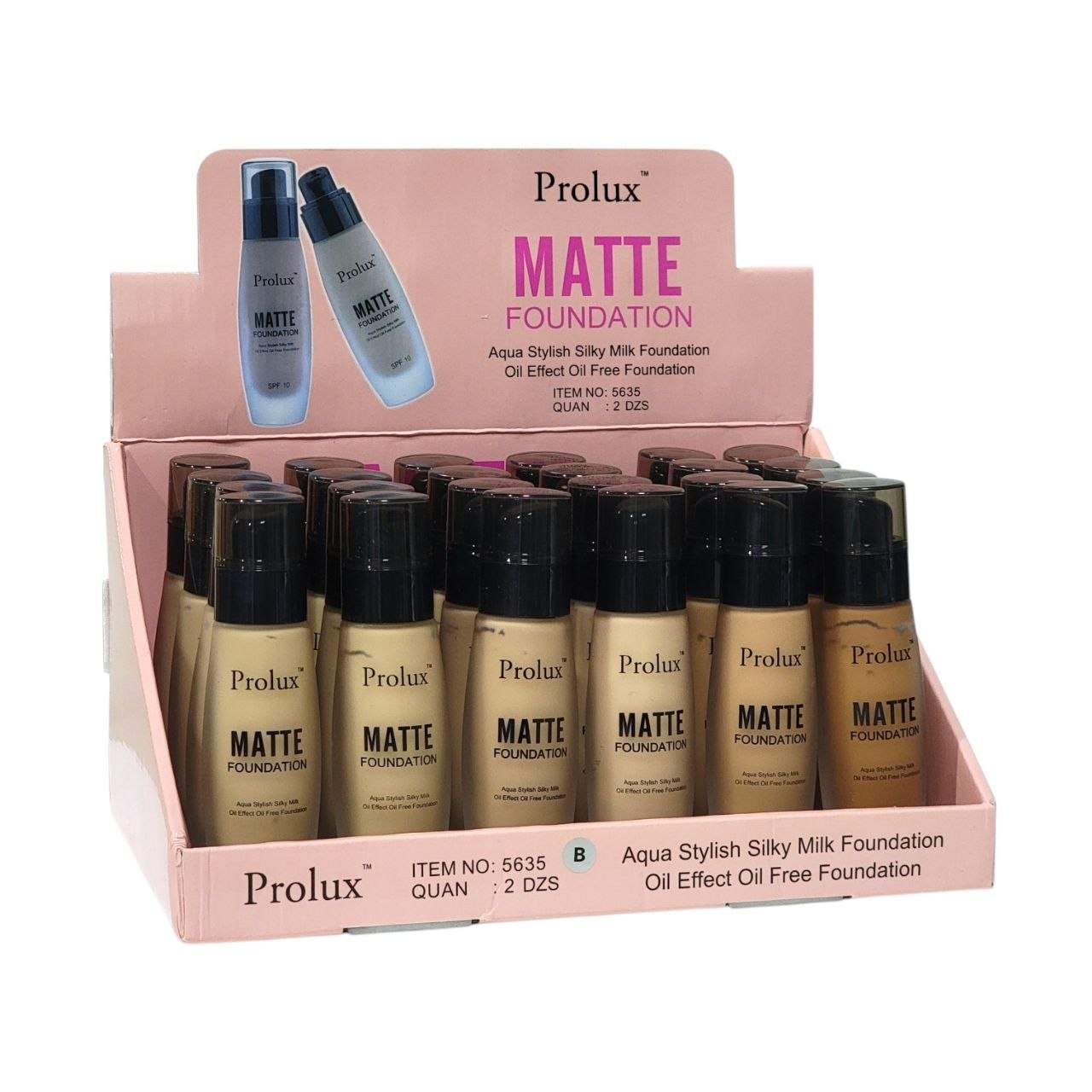 BASE DE MAQUILLAJE LIQUIDA ACABADO MATE CON SPF 10 Y VITAMINA E 6 TONOS PROLUX 30ML