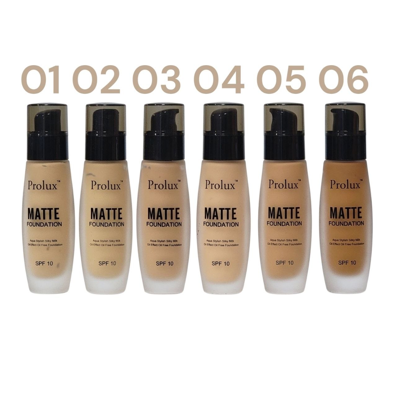 BASE DE MAQUILLAJE LIQUIDA ACABADO MATE CON SPF 10 Y VITAMINA E 6 TONOS PROLUX 30ML