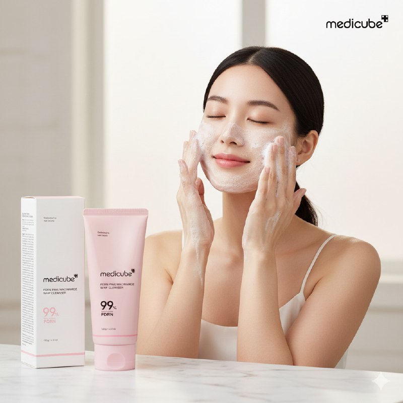 LIMPIADOR FACIAL COREANO EN ESPUMA CON NIACINAMIDA ROSA Y PDRN DE SALMON REGENERADOR HIDRATANTE MEDICUBE 120G