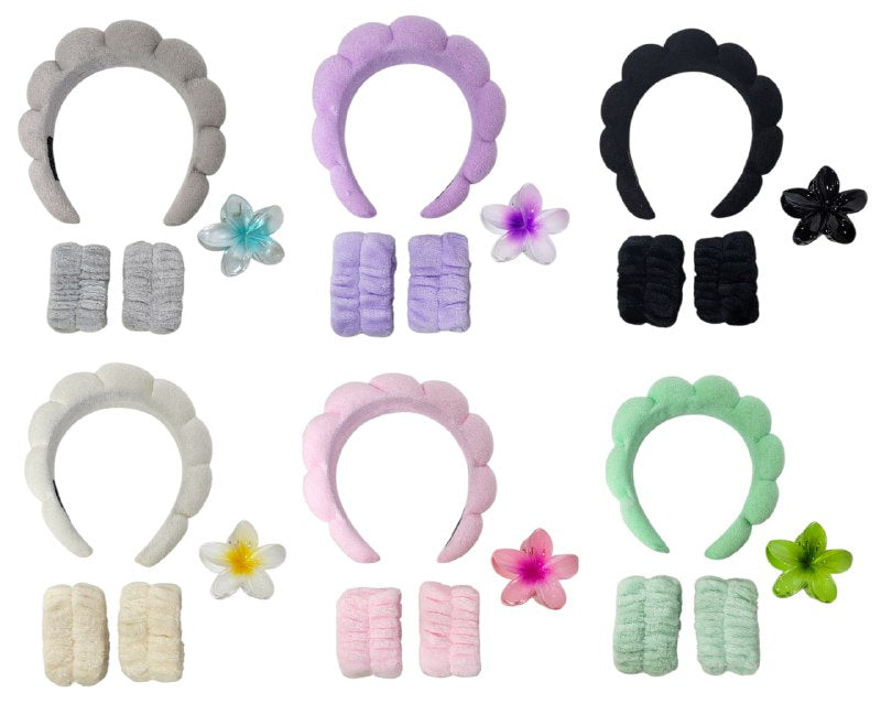 KIT DE CUIDADO FACIAL, GANCHO FLOR HAWAIANA, DIADEMA Y MUÑEQUERA SKIN CARE, 6 ESTILOS