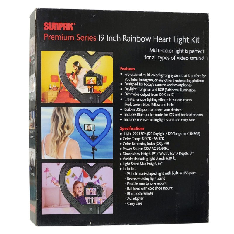 ARO DE LUZ LED ANILLO DE LUZ EN FORMA CORAZON PARA SELFIE LUZ ANULAR BLANCA/RGB DE 2 PULGADAS CON ROTULA DE 360 GRADOS, TRIPODE DE 1.7MTS SUNPAK