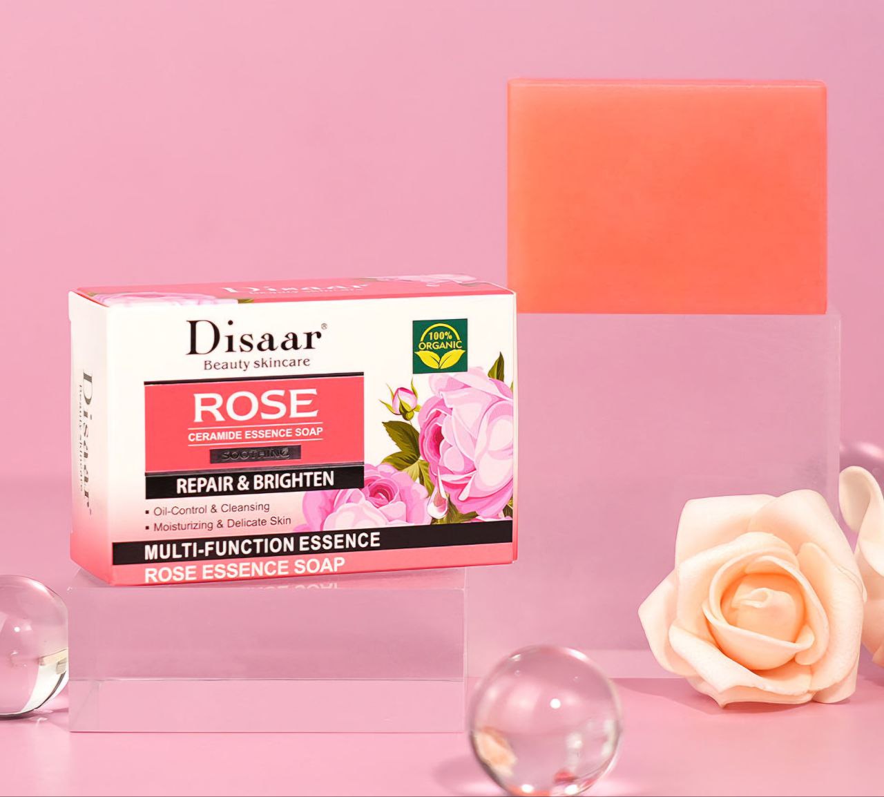 JABON FACIAL DE ESENCIA DE CERAMIDA Y ROSAS, CALMANTE, REPARA, CONTROLA LA GRASA Y LIMPIA E HIDRATA LA PIEL DISAAR BEAUTY SKINCARE ROSE 100G