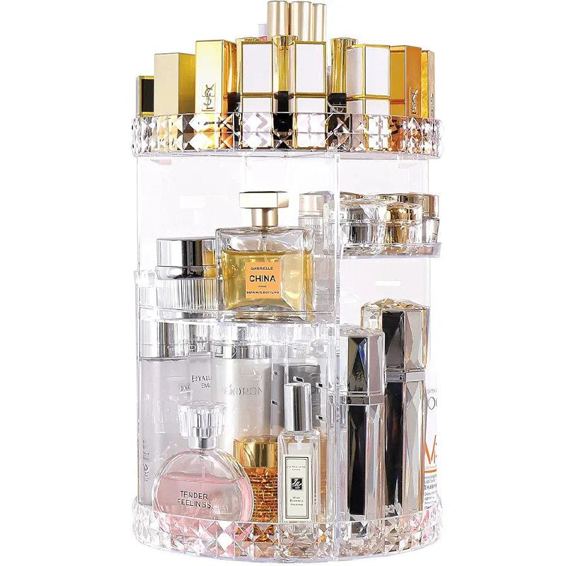 ORGANIZADOR ESTANTE DE MAQUILLAJE Y COSMETICOS GIRATORIO, CON UNA ROTACION DE 360 GRADOS QUE MAXIMIZA EL ESPACIO DE TU MOSTRADORM DISEÑO EN FORMA DE DIAMANTE DE ALTA CAPACIDAD Y ELEGANTE COSMETIC ORGANIZER DIAMOND-360 ROTATION 23X33CM