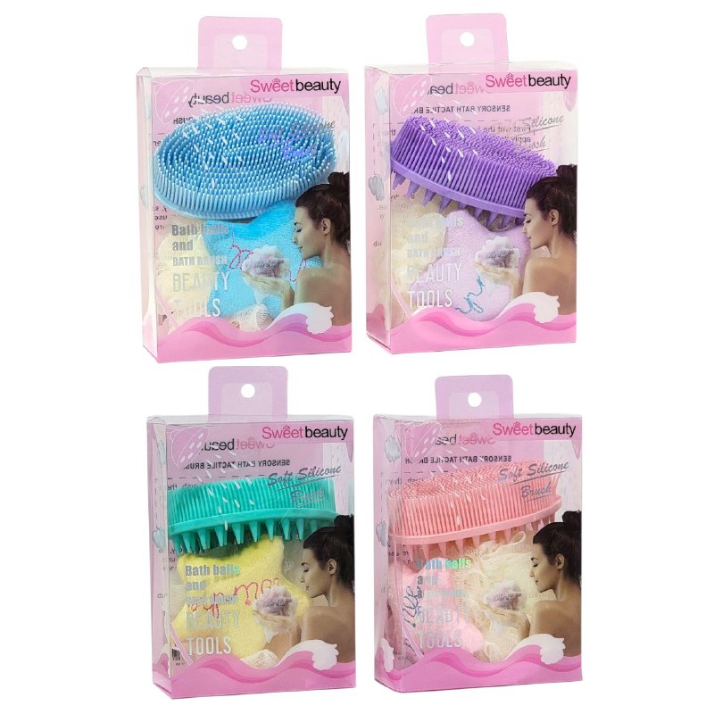 KIT DE CUIDADO PARA BAÑO, ESPONJA DE MALLA, CEPILLO DOBLE USO PARA LAVADO DE CABELLO Y CUERPO, 4 COLORES SWEET BEAUTY