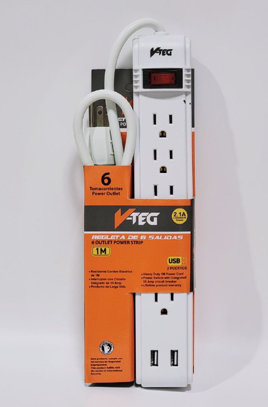 REGLETA EXTENSION ENCHUFE DE 6 SALIDAS, INTERRUPTOR CON CIRCUITO INTEGRADO DE 15AMP, PRODUCTO DE LARGA VIDA UTIL, 2 PUERTOS USB V TEG