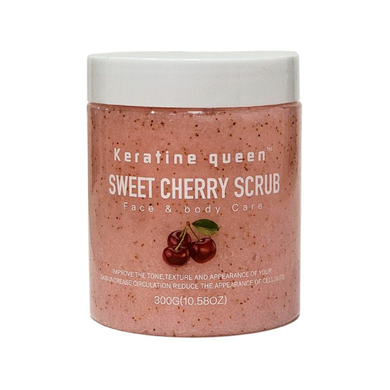 CREMA FACIAL EXFOLIANTE PARA ROSTRO Y CUERPO DE CEREZA DULCE 300G, DISEÑADO PARA SUAVIZAR LA PIEL SECA, ILUMINA Y REALZA EL BRILLO NATURAL DE LA PIEL, DEJANDOLA SEDOSA Y FRESCA KERATINE QUEEN