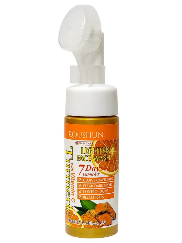 LIMPIADOR FACIAL EN ESPUMA ACLARADOR CON VITAMINA C Y CURCUMA, ILUMINA MANCHAS OSCURAS, CONTROLA EL ACNE, TODO TIPO DE PIEL, HIDRATA, DEJA LA PIEL SUAVE Y TERSA ROUSHUN LIGHTEN FACE WASH 160ML