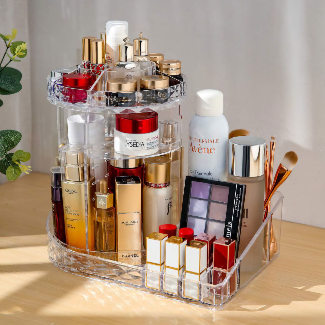 ORGANIZADOR DE MAQUILLAJE TRANSPARENTE EN FORMA DE L CON ROTACION 360 GRADOS 11.4X13.0X8.5"