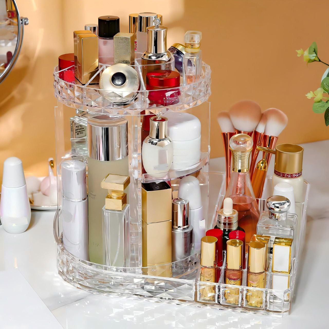 ORGANIZADOR DE MAQUILLAJE TRANSPARENTE EN FORMA DE L CON ROTACION 360 GRADOS 11.4X13.0X8.5"