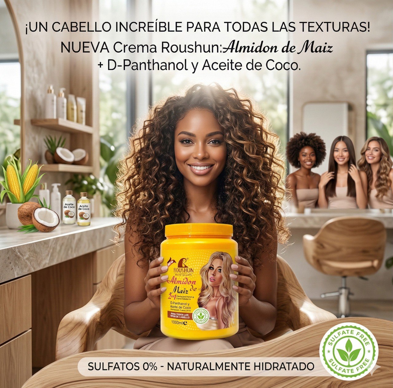 CREMA PARA PEINAR 2 EN 1 HIDRATANTE DE ULTRA REPARACION DE ALMIDON DE MAIZ ROUSHON 1000ML