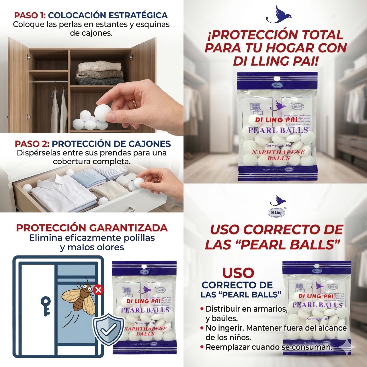BOLAS DE NAFTALINA PESTICIDA ANTIPOLILLAS Y DESODORIZANTE DI LING PAI 50G