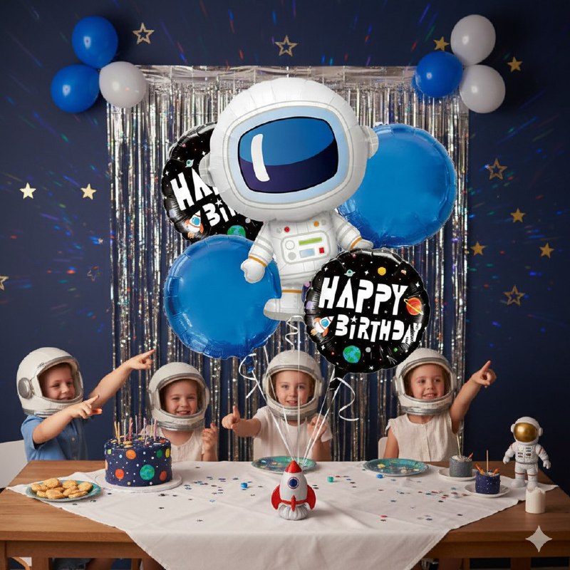 SET DE GLOBOS DE DECORACION DE PAPEL METALIZADO TEMATICA DE ASTRONAUTA 5PCS