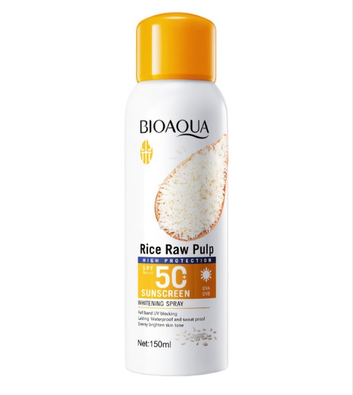 PROTECTOR SOLAR EN SPRAY DE PULPA CRUDA DE ARROZ SPF50 ALTAMENTE EFIZAZ UV BLANQUEADOR BIOAQUA 150ML