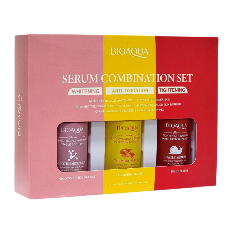 SUERO FACIAL EN SET QUE COMBINA TRES SERUMS PODEROSOS PARA BLANQUEAR, ANTIOXIDAR Y REJUVENECER LA PIEL 30MLX3, SUERO DE CARACOL HIDRATANTE 30ML, SUERO DE CURCUMA ANTI ACNE 30ML Y SUERO DE NICOTINAMIDA BLANQUEADOR 30ML