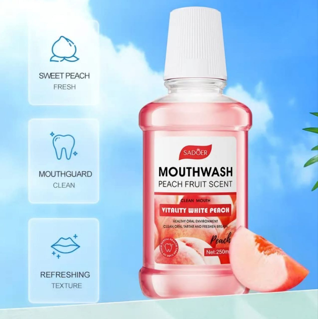 ENJUAGUE BUCAL, AROMA A MELOCOTON, BOCA LIMPIA, REFRESCANTE, SANO, SADOER MOUTHWASH 250ML