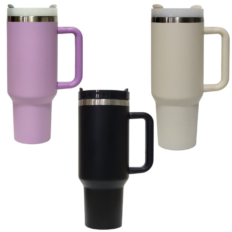 VASO TERMICO DE ACERO INOXIDABLE, DOBLE PARED AL VACIO CON ASA, 3 COLORES 40OZ