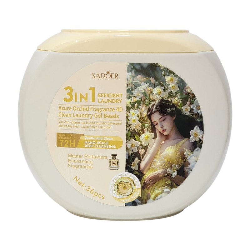 DETERGENTE 3 EN 1 DE PERLAS EN GEL PARA ROPA FRAGANCIA A ORQUIDEA AZUL SADOER 36UND