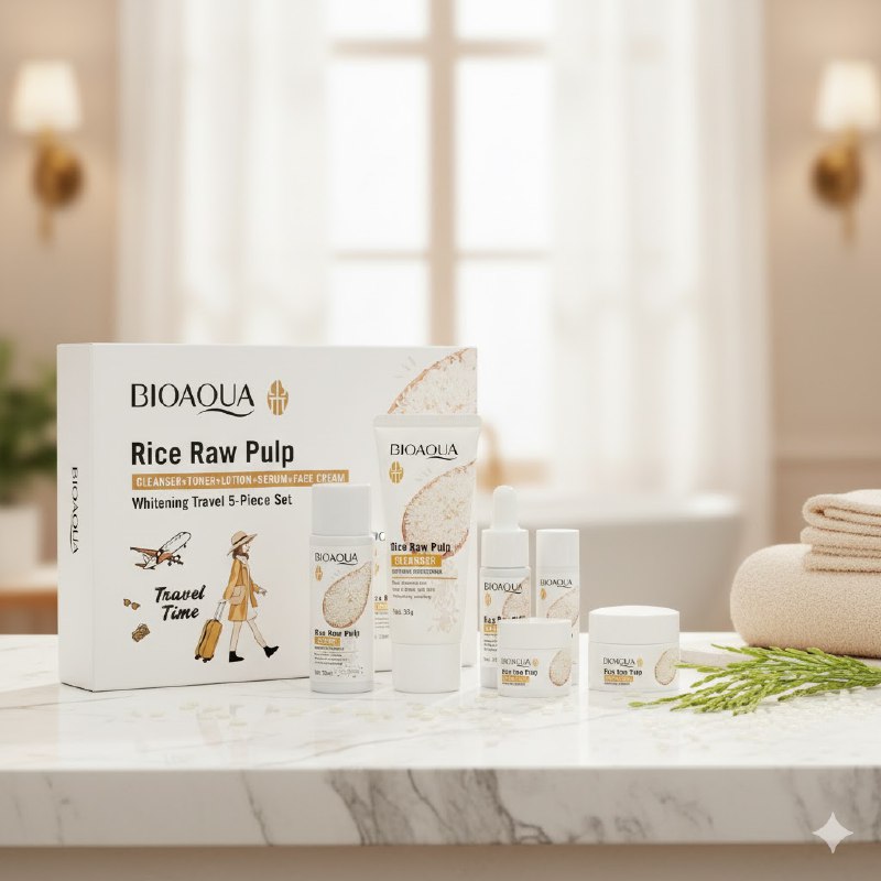 SET DE CUIDADO FACIAL DE VIAJE DE 5 PIEZAS DE PULA CRUDA DE ARROZ BIOAQUA, LOCION 30ML, CREMA FACIAL 10ML, SUERO 10ML, TONICO 30ML, LIMPIADOR 30G