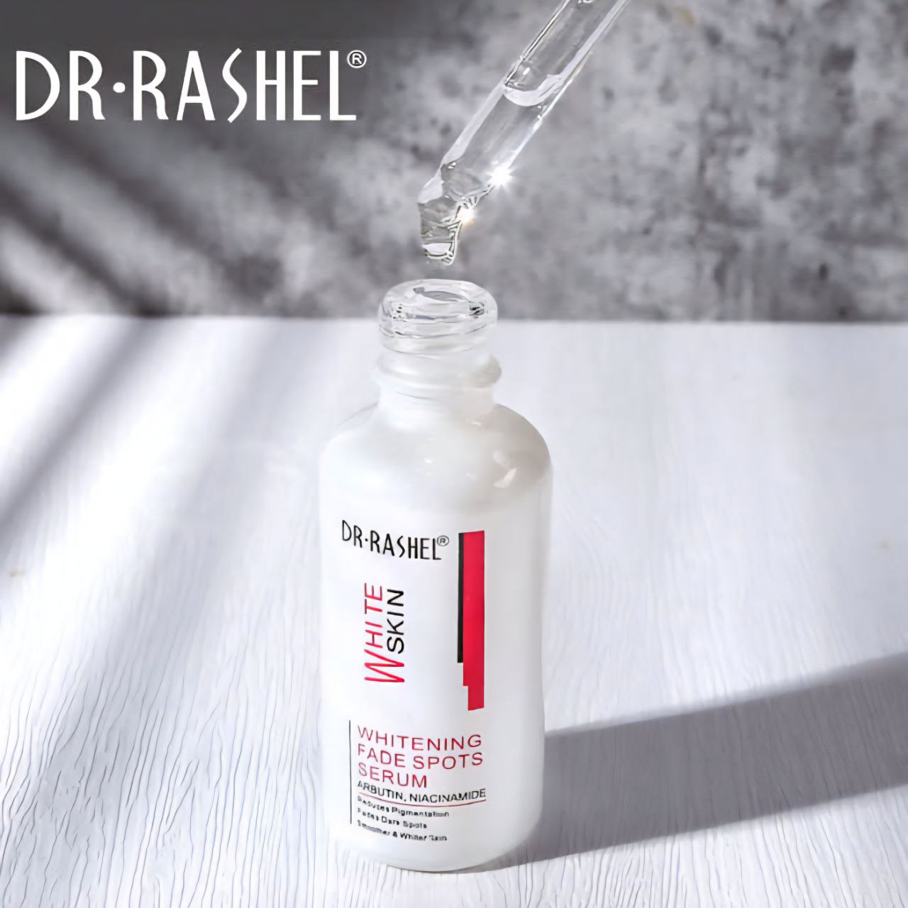 SUERO FACIAL BLANQUEADOR Y DESVANECEDPR DE MANCHAS CON ARBUTINA, NIACINAMIDA, ALTAMENTE EFICAZ, ILUMINA Y ACLARA LA PIEL DR RASHEL 50ML