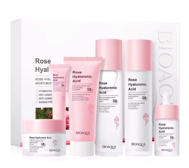 SET TRATAMIENTO FACIAL HIDRATANTE CON ACIDO HIALURONICO DE ROSA, ANTIOXIDANTE, ANTIEDAD REDUCE LOS POROS BIOAQUA 6UND