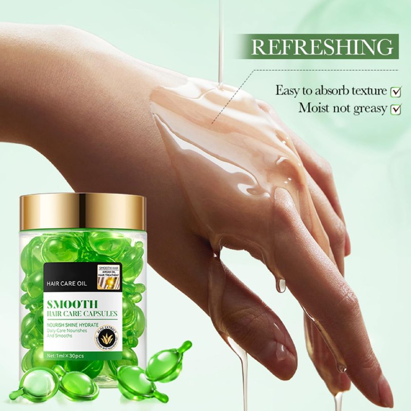 AMPOLLAS PARA EL CABELLO EN CAPSULAS LISO DE ACEITE DE ARGAN Y ALOE, HIDRATA Y SUAVIZA PROFUNDAMENTE, CUIDADO DIARIO NUTRE Y SUAVIZA, NO ACEITOSO, FACIL DE ABSORBER SADOER HAIER CARE OIL SMOOTH 1MLX30