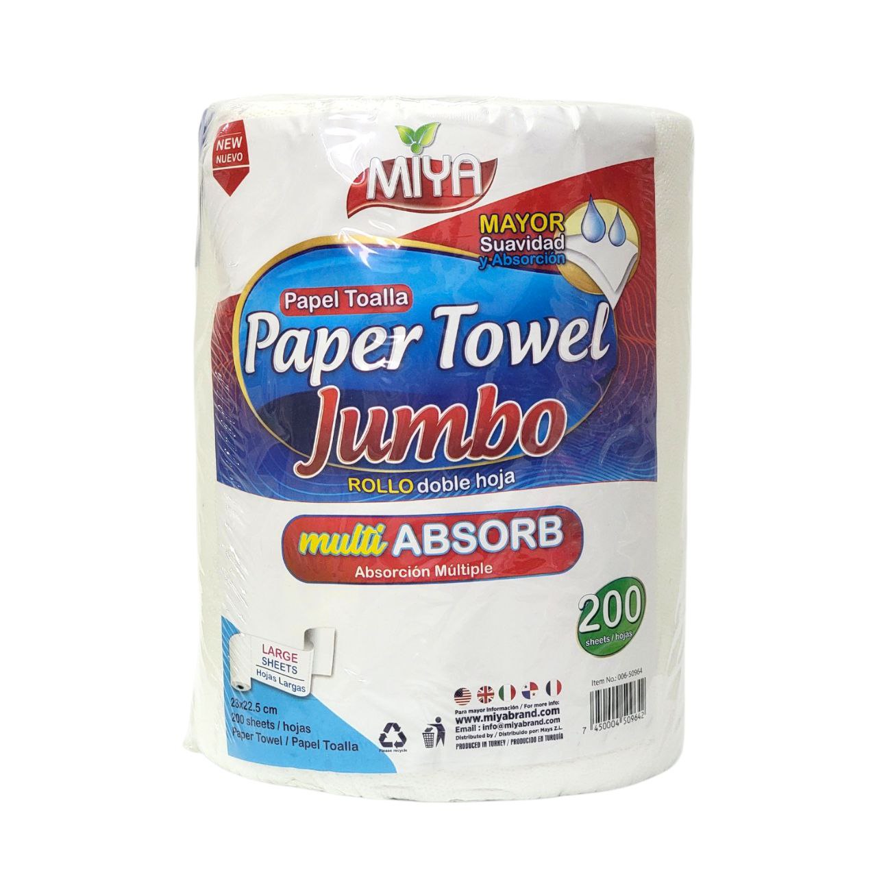 PAPEL TOALLA JUMBO 200 HOJAS MIYA 24X22CM