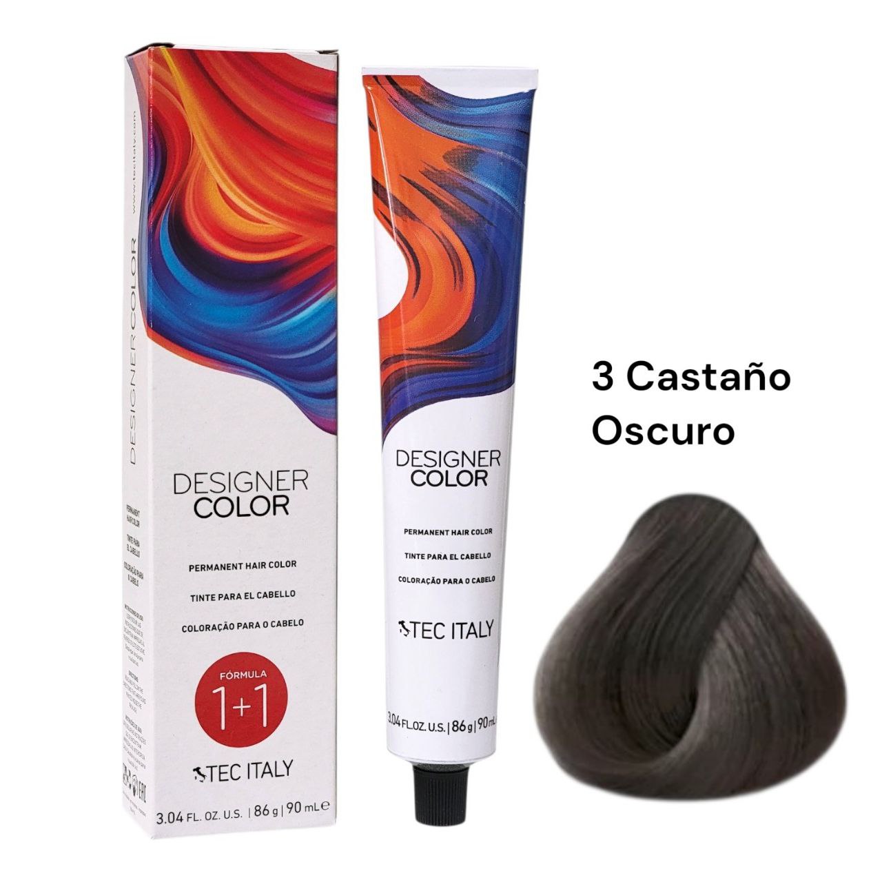 TINTE PERMANENTE PARA EL CABELLO EN CREMA COLOR CASTAÑO OSCURO 3 1+1 TEC ITALY 90ML