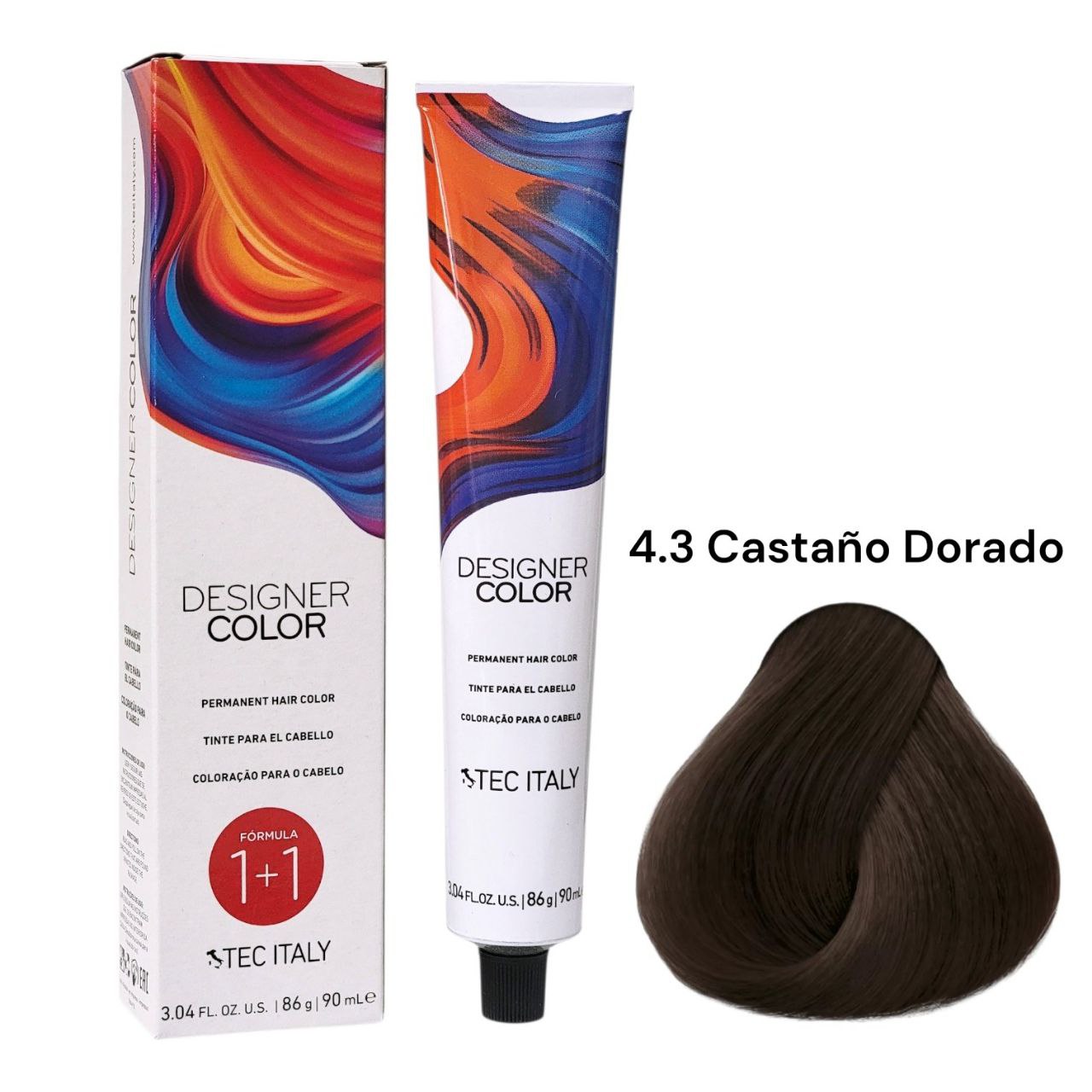 TINTE PERMANENTE PARA EL CABELLO EN CREMA CASTAÑO DORADO 4.3 1+1 TEC ITALY 90ML