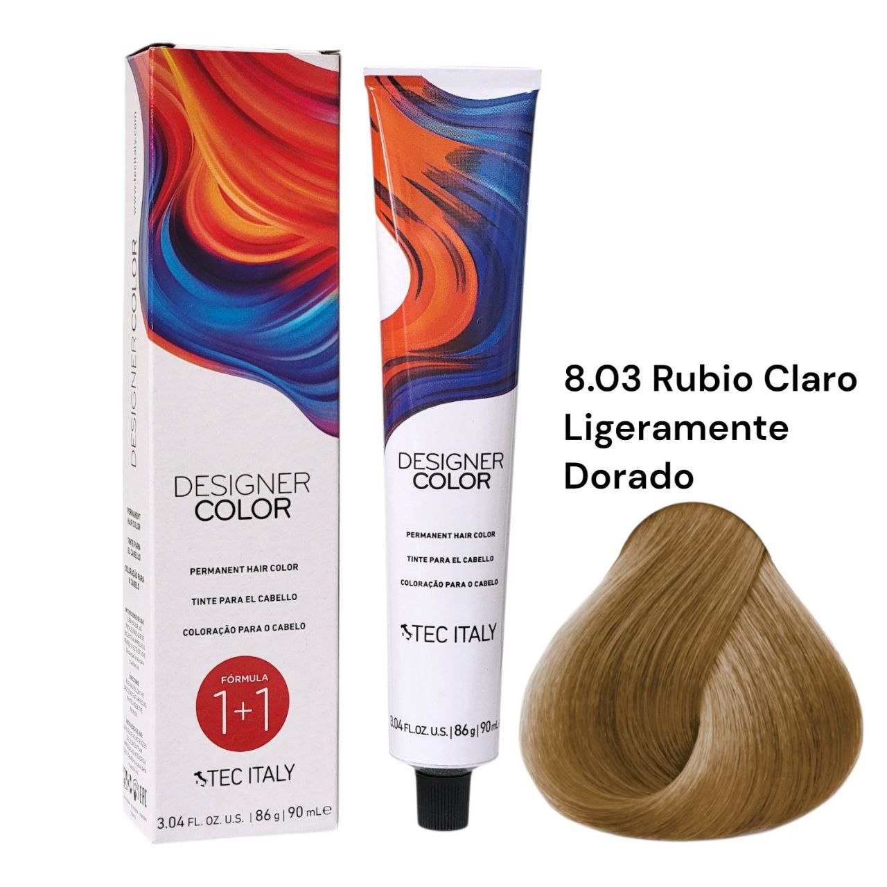 TINTE PERMANENTE PARA EL CABELLO EN CREMA RUBIO CLARO LIGERAMENTE DORADO 8.03 1+1 TEC ITALY 90ML