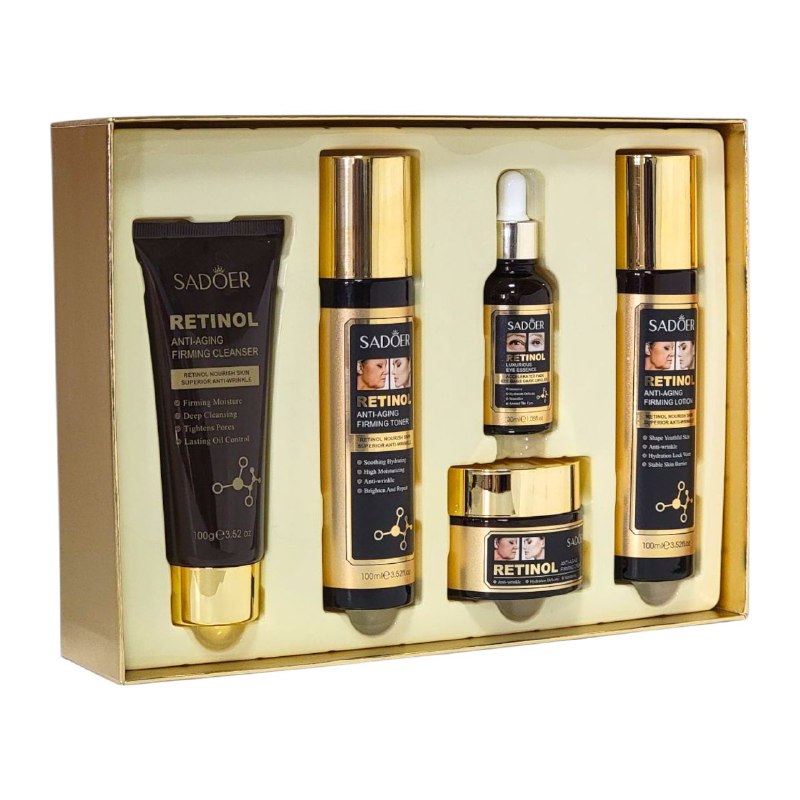 SET DE CUIDADO FACIAL DE RETINOL DE 5 PIEZAS, EFECTO REAFIRMANTE, ANTIEDAD Y ANTIARRUGAS SADOER RETINOL