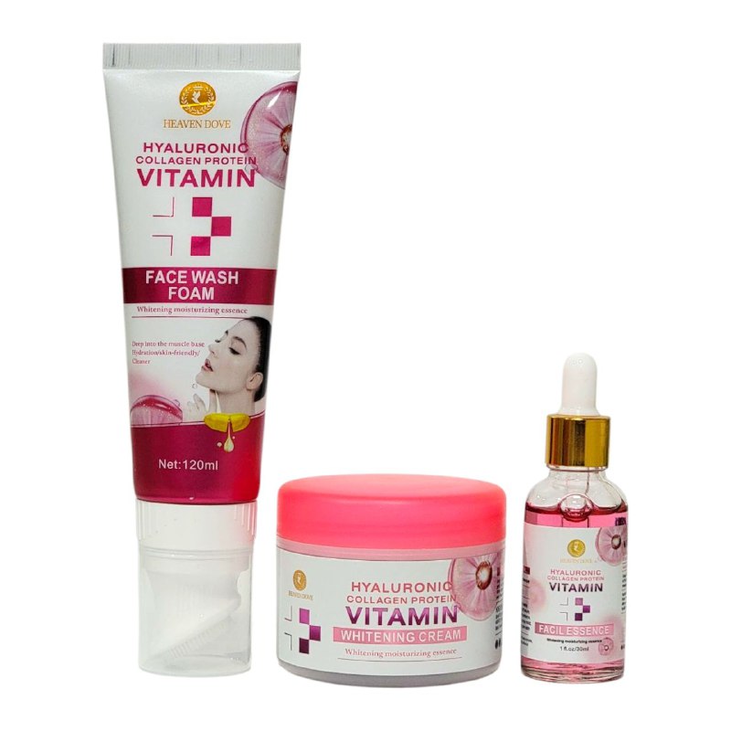 SET DE CUIDADO FACIAL DE 3 PIEZAS DE VITAMINA, COLAGENO Y ACIDO HIALURONICO, LIMPIEZA PROFUNDA Y BLANQUEA LA PIEL, HIDRATA Y HUMECTA, ESPUMA FACIAL 120G, SUERO FACIAL 30ML, CREMA BLANQUEADORA 120G HEAVEN DOVE