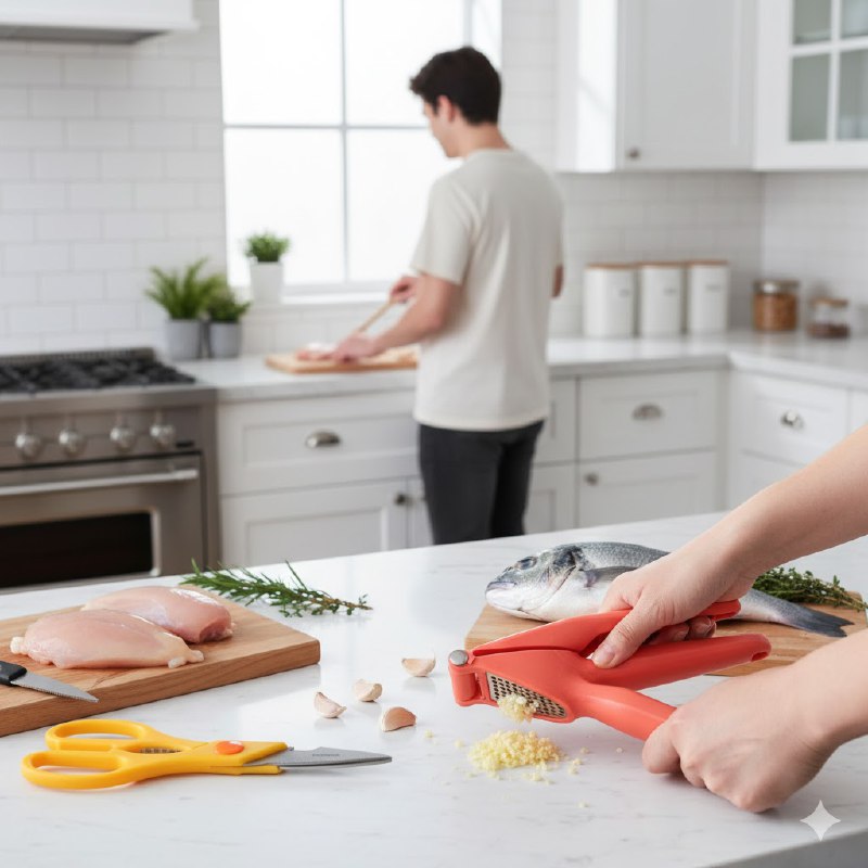 TIJERAS DE COCINAA EN SET MULTIUSOS Y PRENSA DE AJOS E ACERO INOXIDABLE QUE CORTAN CARNES, HIERBAS Y VERURAS, 4 COLORES
