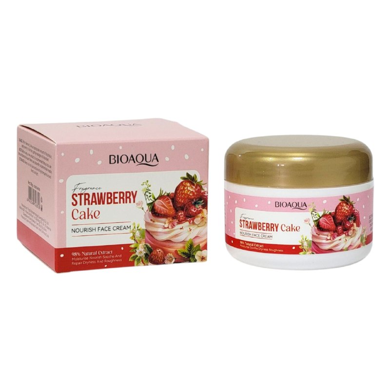 CREMA FACIAL CON FRAGANCIA DE PASTEL DE FRESA HIDRATANTE 100G, NUTRE E HIDRATA PROFUNDAMENTE LA PIEL, CALMANDOLA Y PROTEGIENDOLA CONTRA LA SEQUEDAD, DEJANDOLA SUAVE Y AROMATICA BIOAQUA