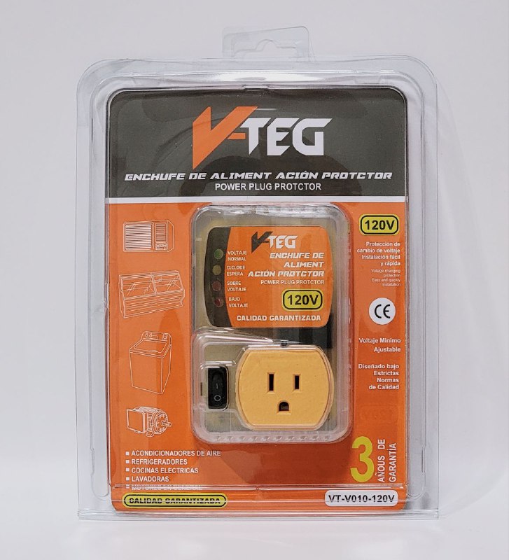 REGLETA EXTENSION ENCHUFE DE ALIMENTACION PROTECTOR DE VOLTAJE SOBRE VOLTAJE, PICOS DE TENSION AJUSTABLE 120V V TEG