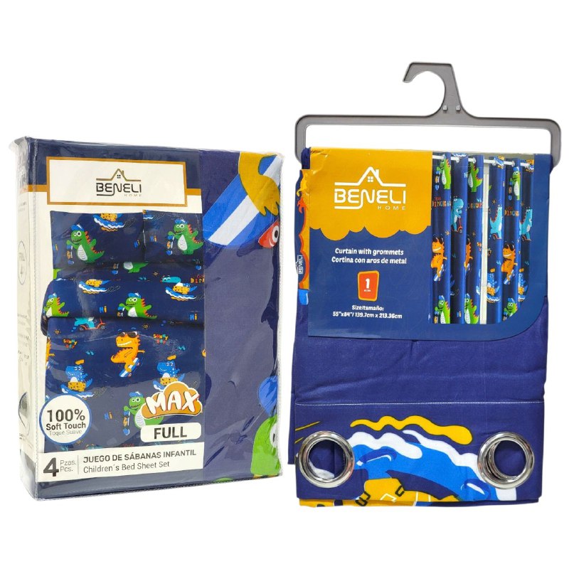 JUEGO DE SABANAS MATRIMONIAL EN SET CON CORTINAS PARA NIÑOS DE 6 PIEZAS DINOSAURIOS BENELI HOME