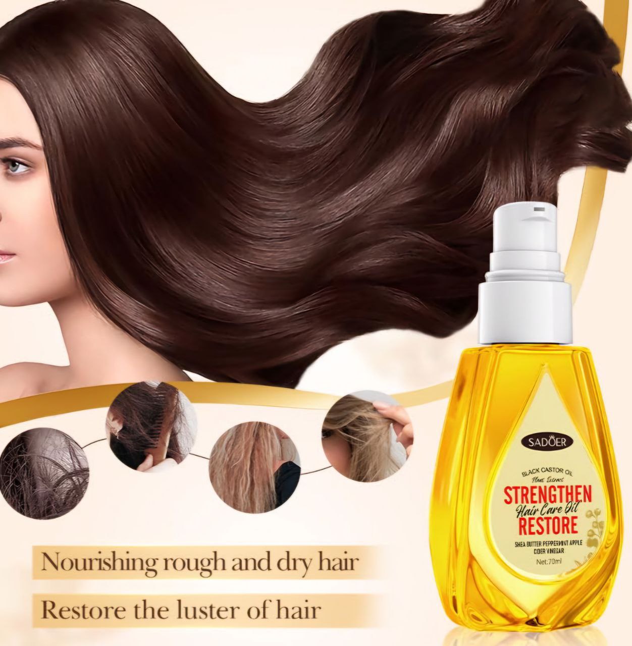 ACEITE PARA EL CABELLO DE EXTRACTO DE RICINO NEGRO, FOTALECE Y RESTAURA, MANTECA DE KARITE, SUAVIZA EL CABELLO SECO Y RIZADO SADOER STRENGTHEN RESTORE 70ML